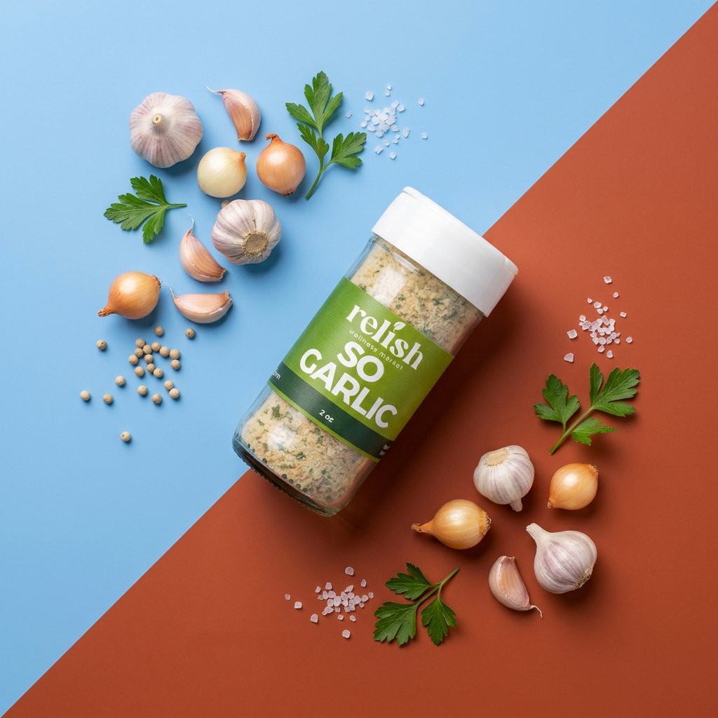 A layflat view of So Garlic Spice Blend by Relish Market with parsley, garlic and salt on a bold blue and sienna background.  