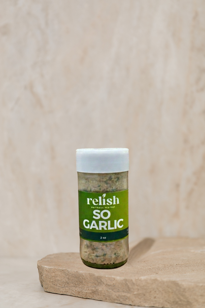 So Garlic Spice Blend by Relish Market on a stone slab and neutral background.