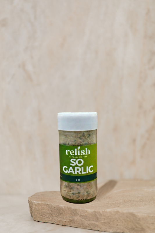 So Garlic Spice Blend by Relish Market on a stone slab and neutral background.