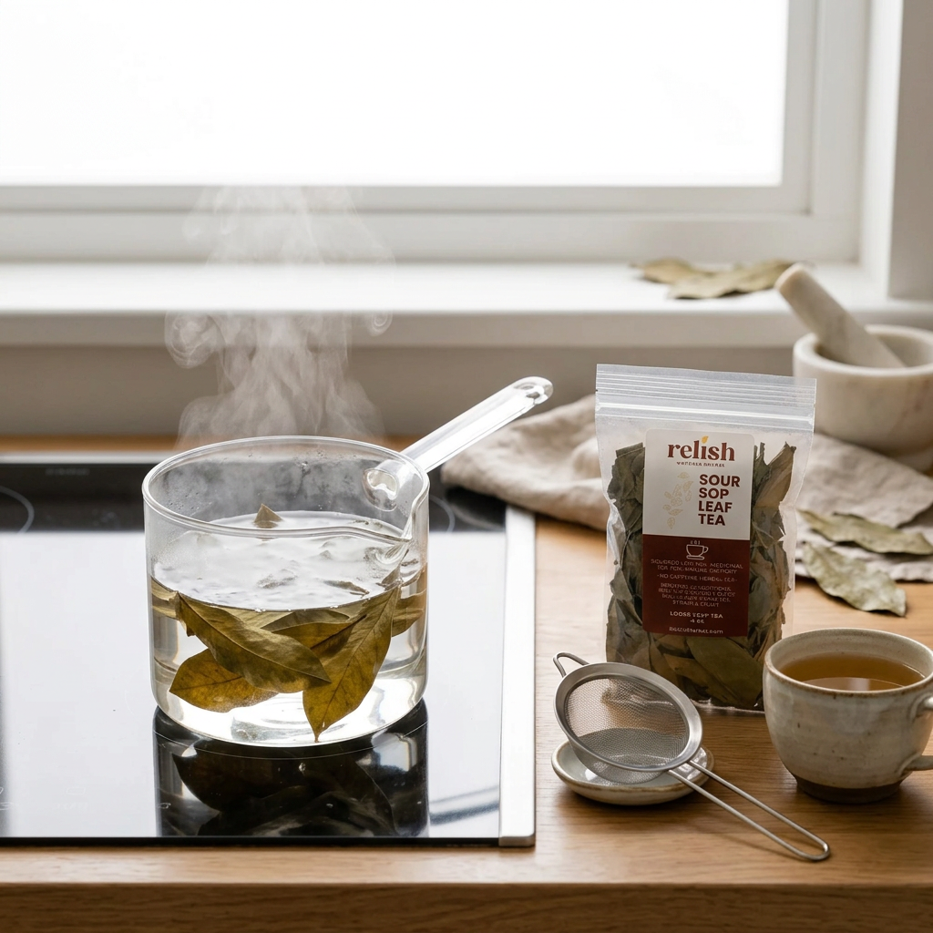 Soursop leaves simmering beside a strainer, cup, and product pouch