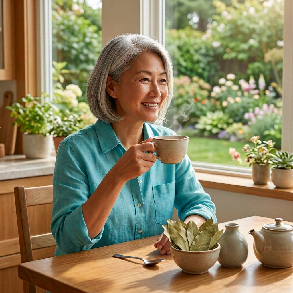 Woman enjoying soursop leaf tea beside a bowl of dried soursop leaves
