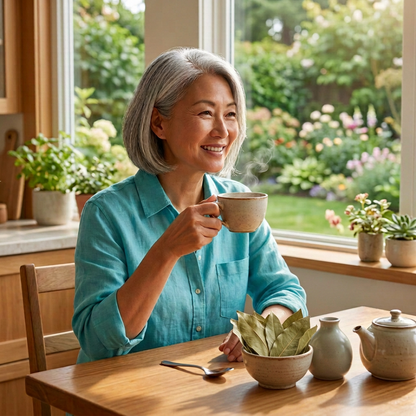 Woman enjoying soursop leaf tea beside a bowl of dried soursop leaves