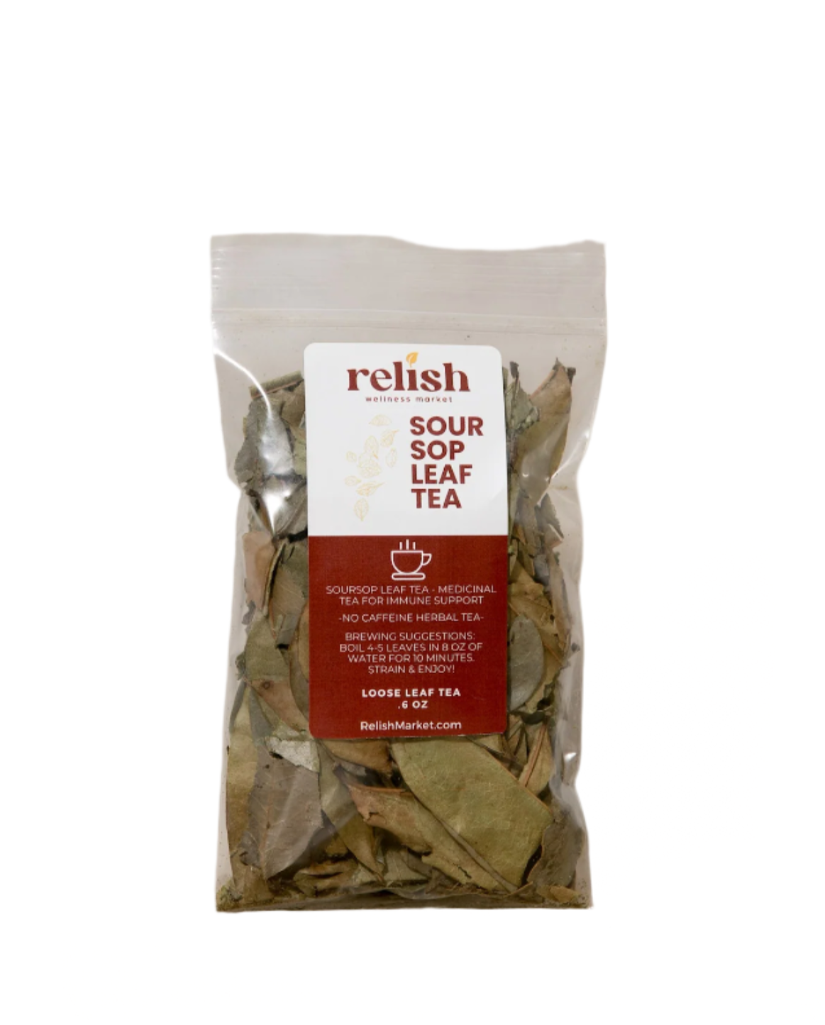A clear stand-up pouch of Relish Market Soursop Leaf Tea on a white background 