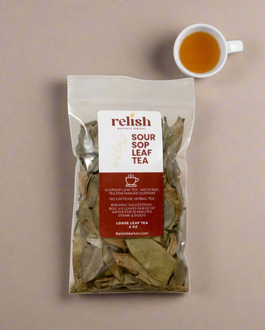 A clear stand-up pouch of Relish Market Soursop Leaf Tea on a beige background with a white tea cup filled with soursop tea.