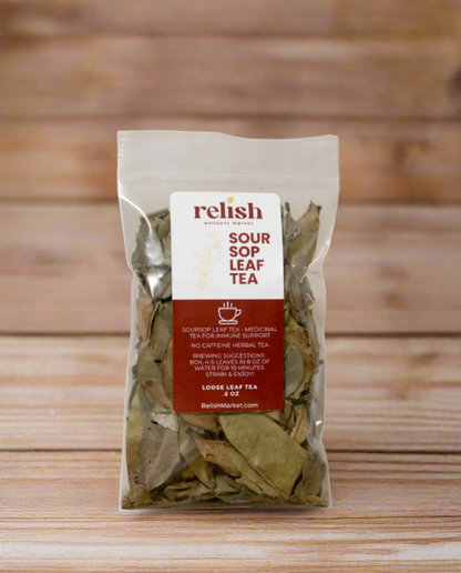 A clear stand-up pouch of Relish Market Soursop Leaf Tea on a wood background.