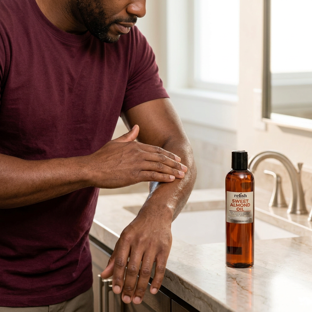 A man rubbing Sweet Almond Oil by Relish Market on his forearm with a bottle of Sweet Almond Oil on the counter.