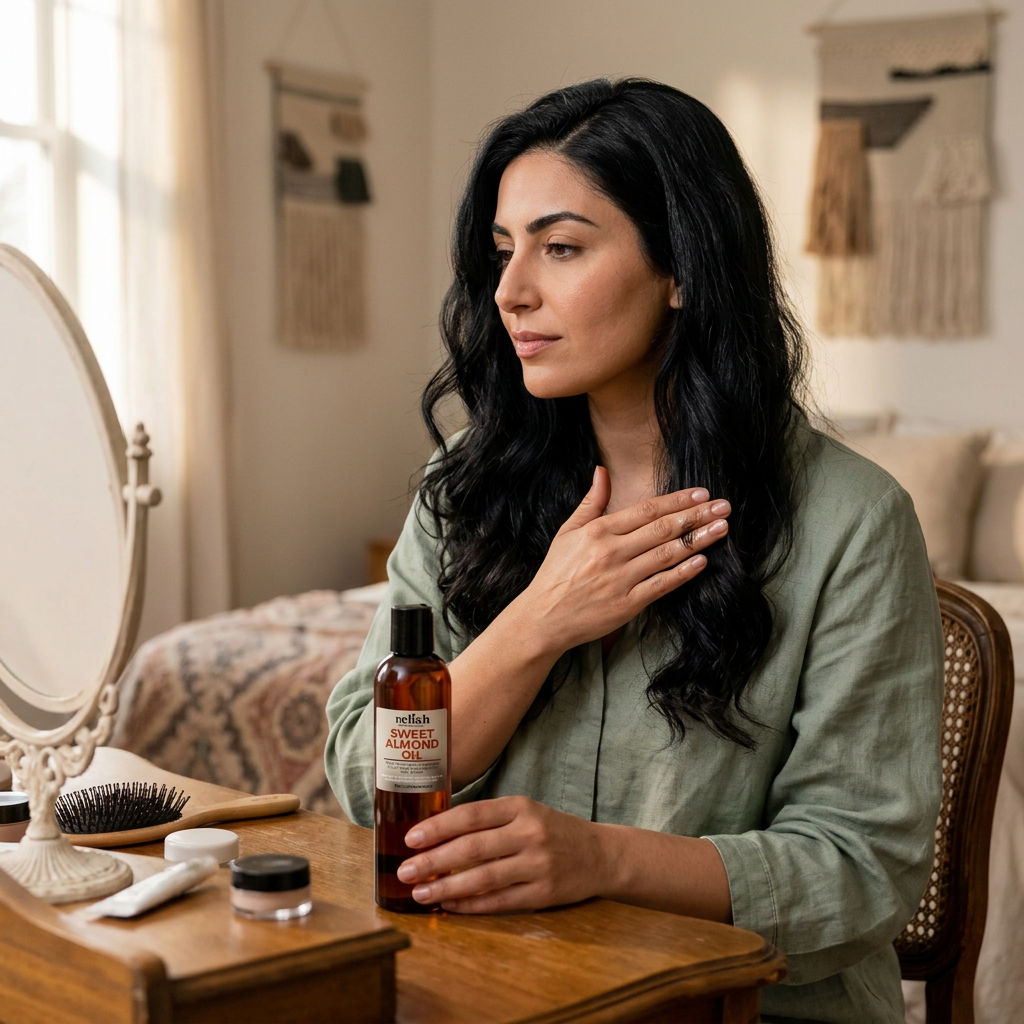 Woman in bedroom sitting in a chair and applying sweet almond oil to hair ends while holding a bottle of Sweet Almond Oil by Relish Market.
