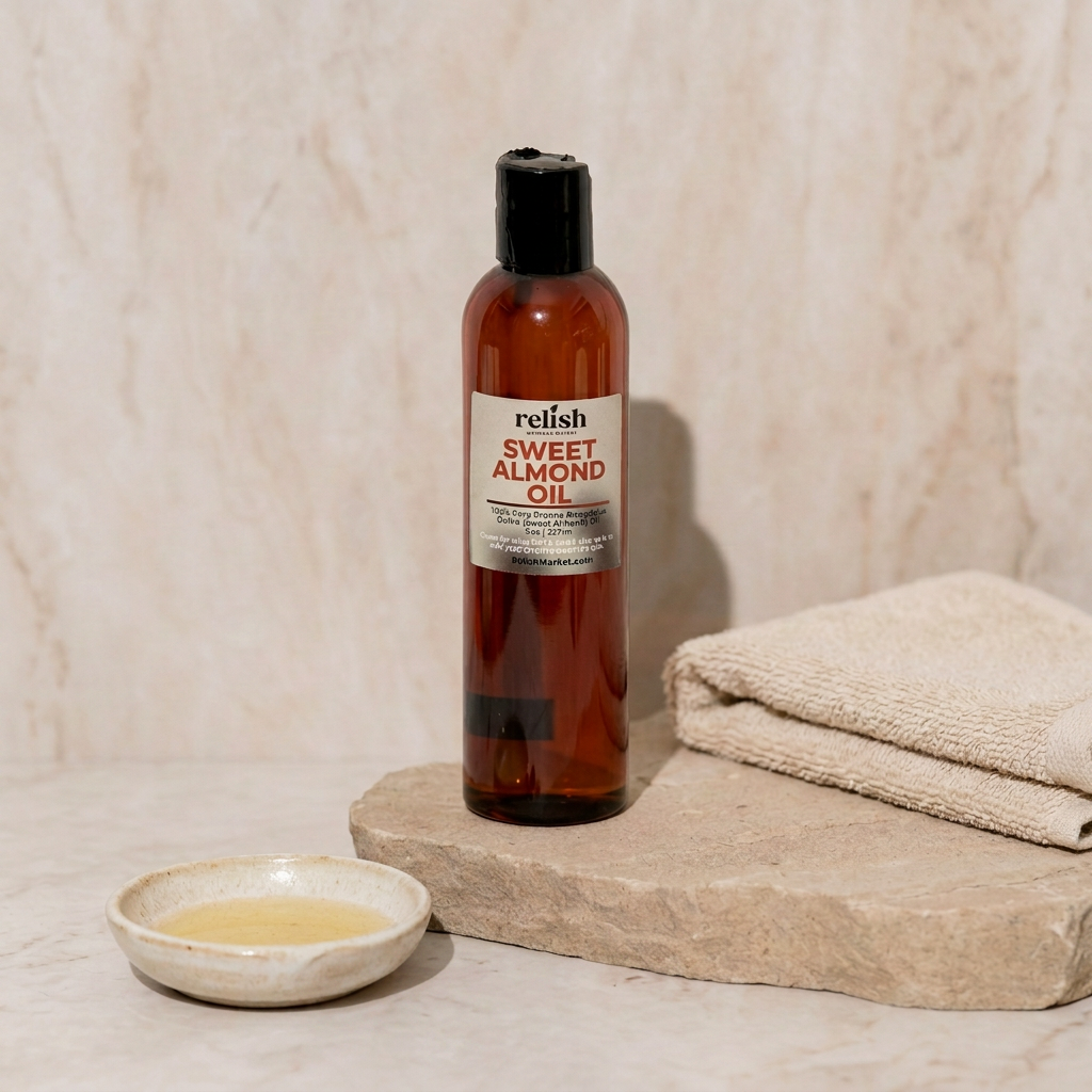 Original Sweet Almond Oil on  neutral background with a small bowl of oil.