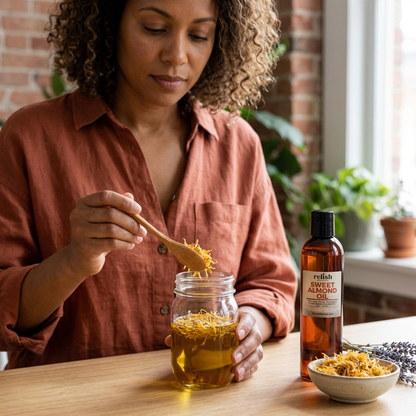Woman preparing a calendula infusion with Sweet Almond Oil by Relish Market