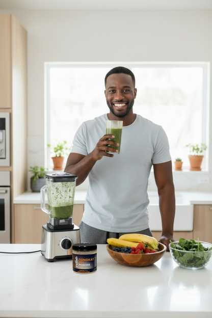 A smiling man in a white t-shirt stands in a bright kitchen holding a glass of green smoothie. On the counter in front of him is a green smoothie blender, a jar of Tongkat Ali Powder by Relish Market, a bowl of fruit, and a bowl of greens.