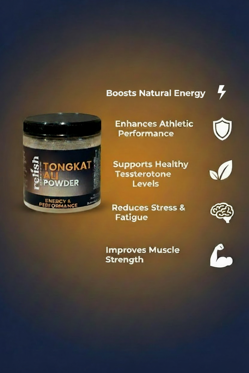 A jar of Relish Market Tongkat Ali Powder supplement shown on a dark gradient background with text listing benefits: boosts natural energy, enhances athletic performance, supports healthy testosterone levels, reduces stress and fatigue, and improves muscle strength.