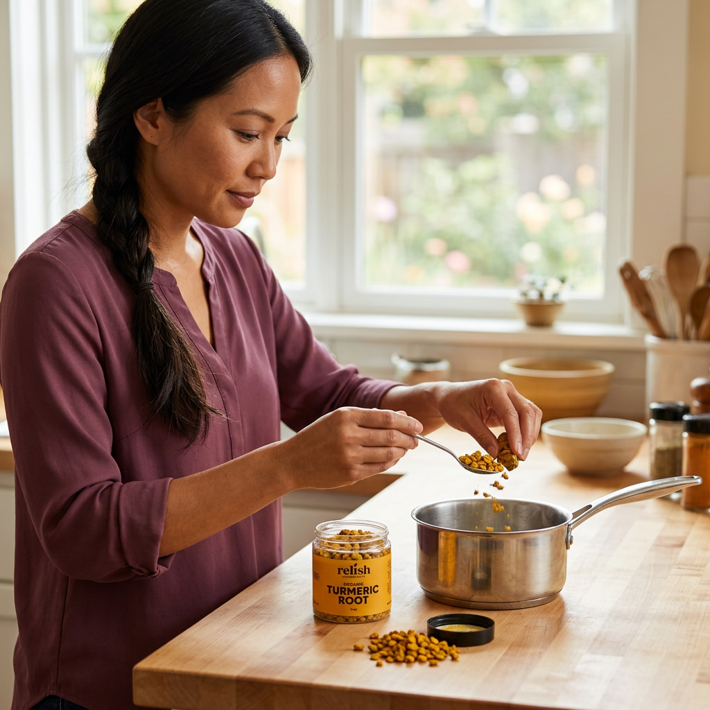 Woman preparing tea with Relish Turmeric Root