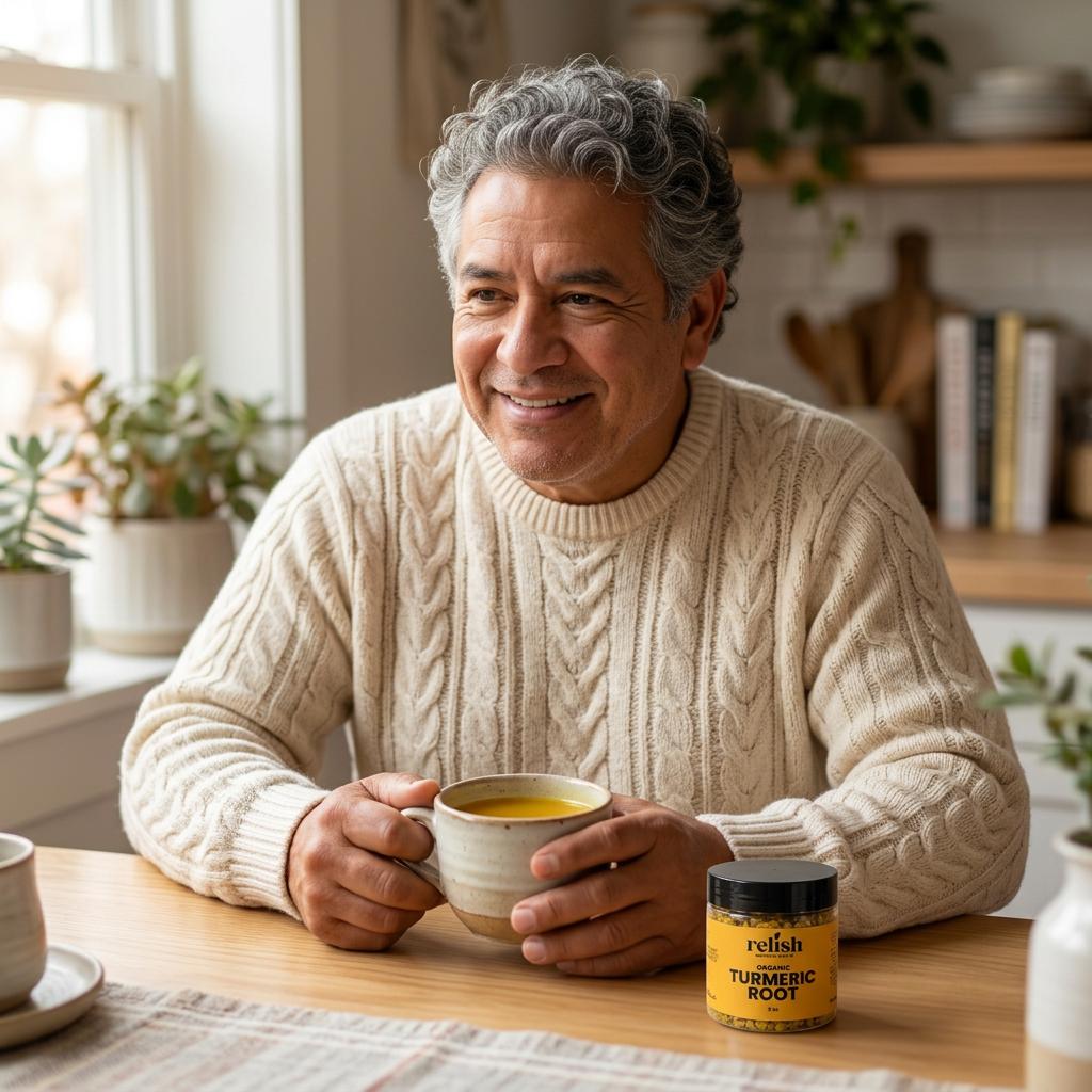 Man enjoying turmeric root tea by Relish Market with the jar nearby
