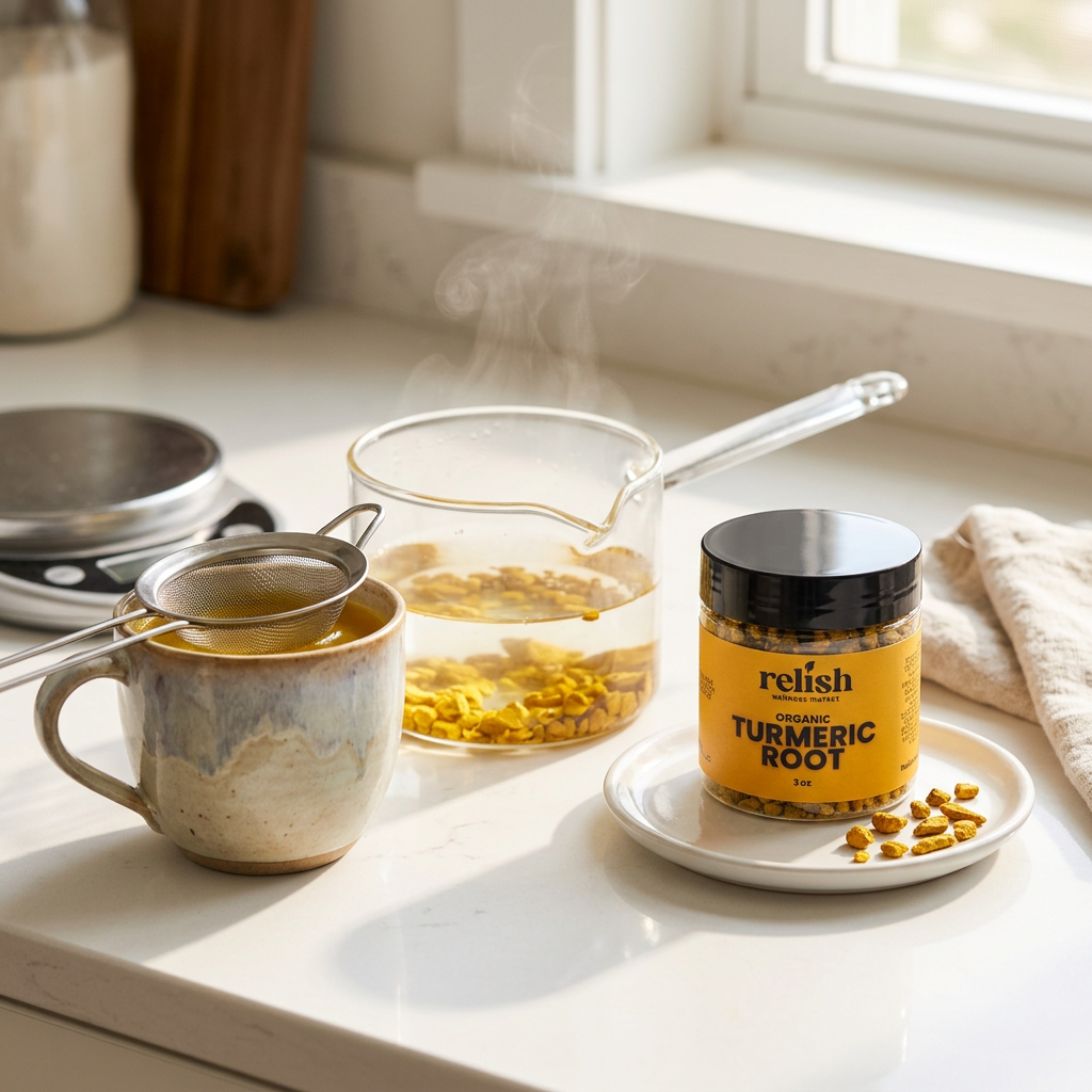 Relish Market Turmeric Root jar beside a saucepan and cup of golden tea