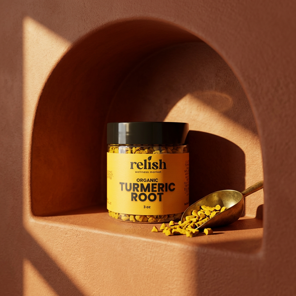 Turmeric Root jar in a terracotta alcove with a brass spice scoop
