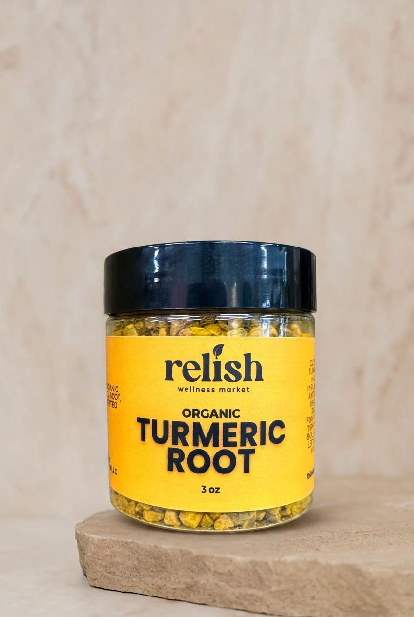 Relish Market Organic Turmeric Root on stone slab and a neutral background.