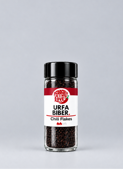A bottle of Pepperly Love Urfa Biber Chili Flakes seasoning, featuring a black cap and a white label with red accents, set against a solid light gray background.