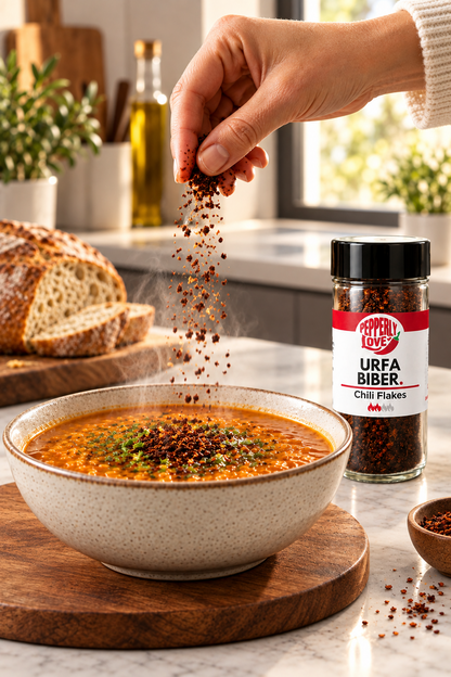 A hand sprinkles red chili flakes over a bowl of soup in a kitchen setting, with a jar of Urfa Biber chili flakes standing beside the bowl.