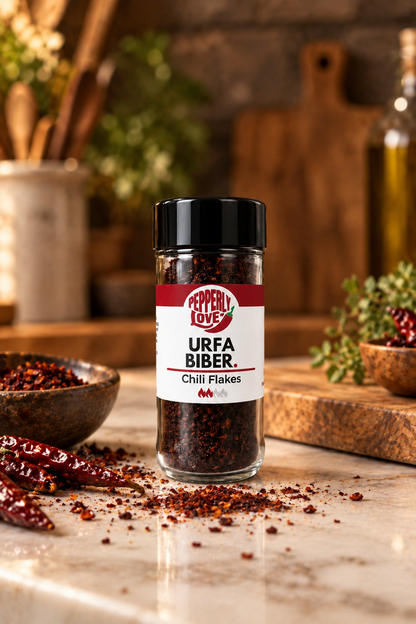 A bottle of Pepperly Love Urfa Biber Chili Flakes stands on a marble countertop with scattered red chili flakes, dried red chilies, and rustic kitchen props in the background.