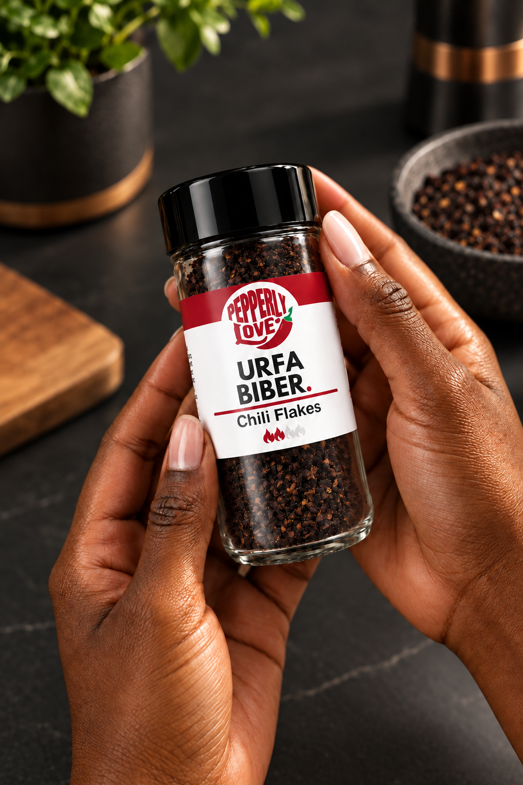 A person's hands holding a glass jar of Pepperly Love Urfa Biber Chilli Flakes against a dark kitchen background with a cutting board and potted plants.