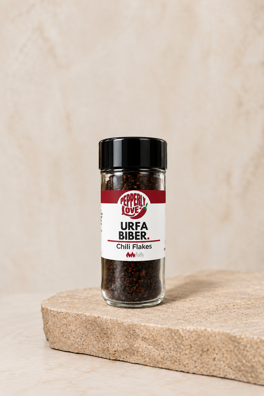 A small glass jar of Urfa Biber (Chili Pepper Flakes) seasoning by Pepperly Love, placed on a rustic stone slab against a textured beige background.