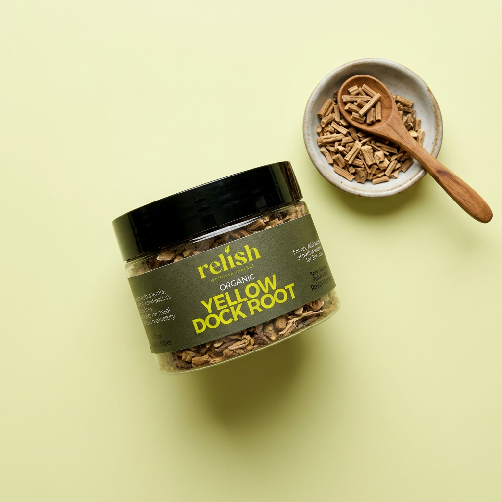 Yellow Dock Root jar and dried root pieces on a Green Tea background