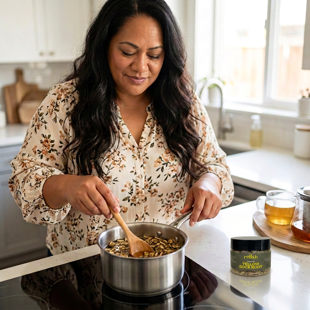 Woman preparing tea with a Yellow Dock Root jar by Relish Market