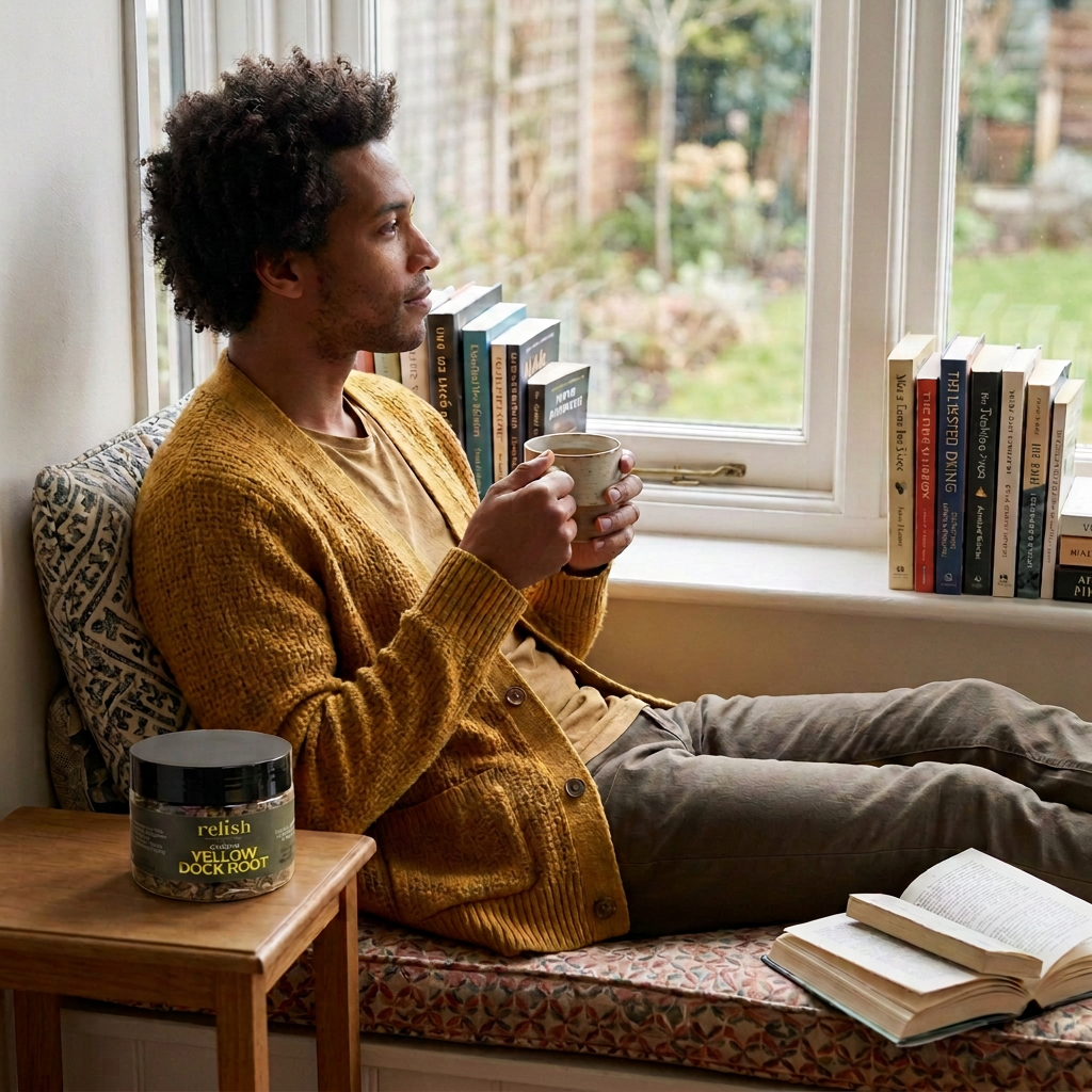Man enjoying tea with a Yellow Dock Root jar