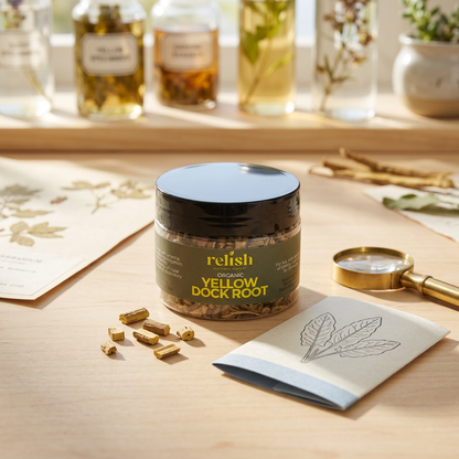 Yellow Dock Root jar on a bright botanical workbench