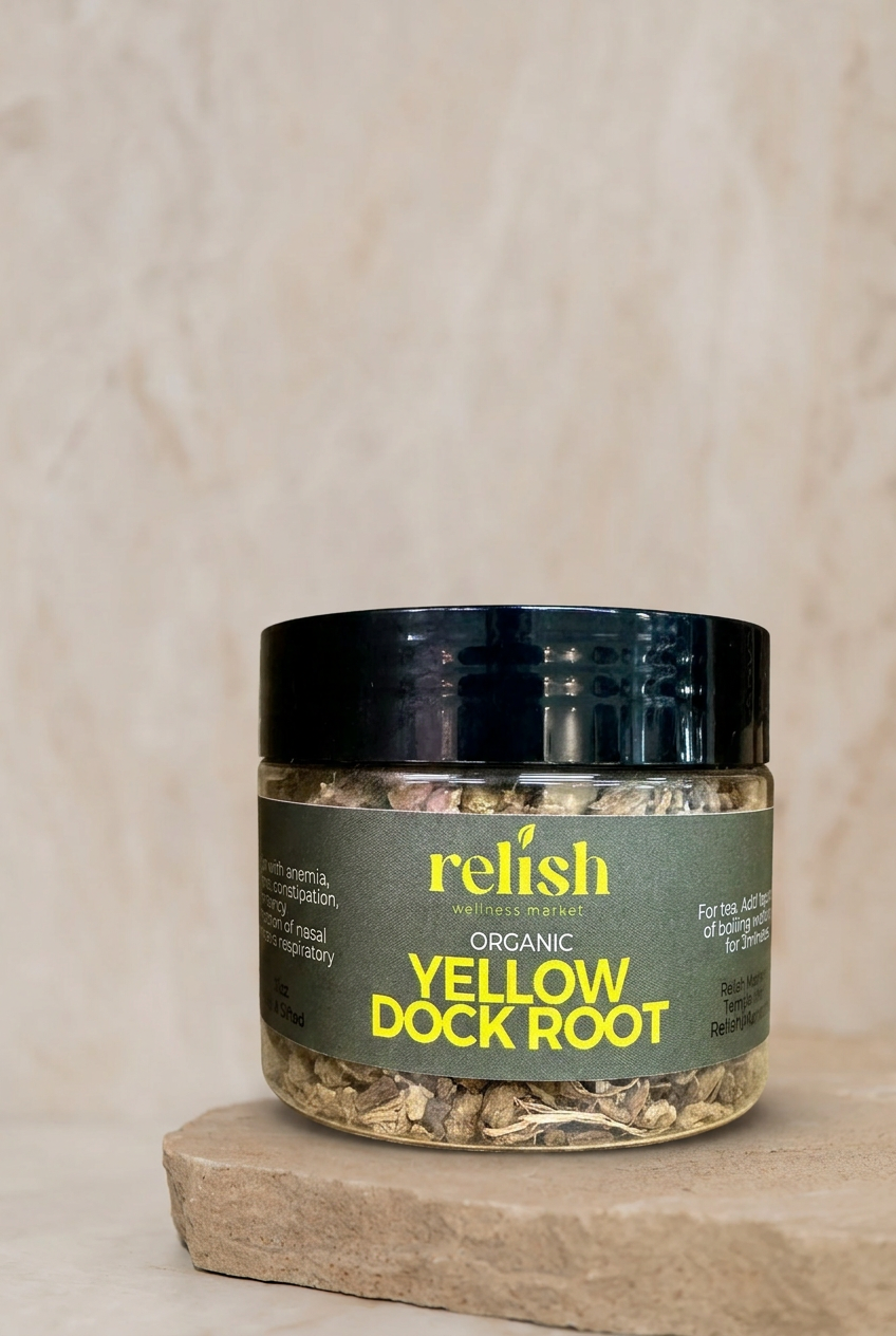 Relish Market Organic Yellow Dock Root on stone slab and a neutral background