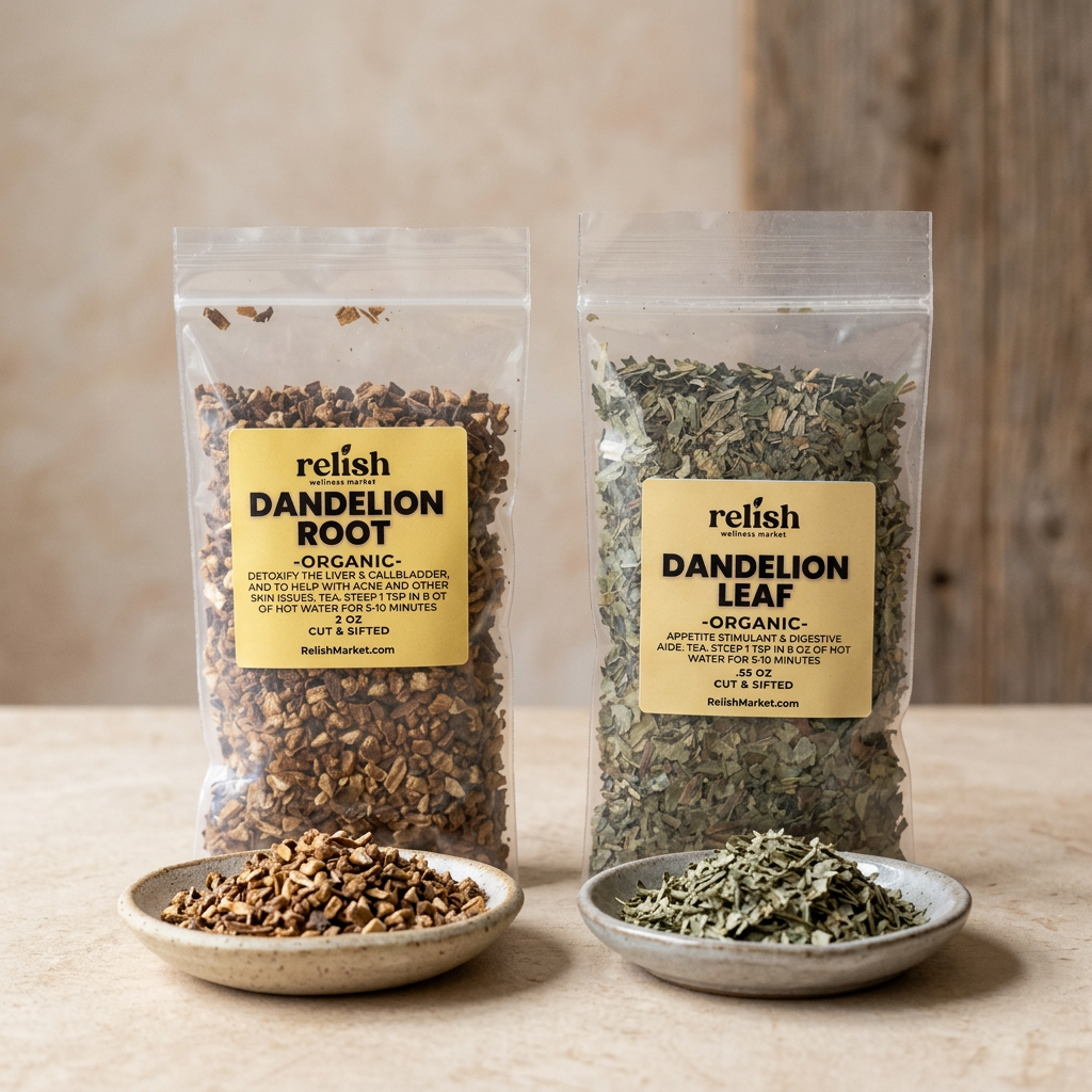 Dandelion Leaf and Dandelion Root pouches with loose leaves and root pieces