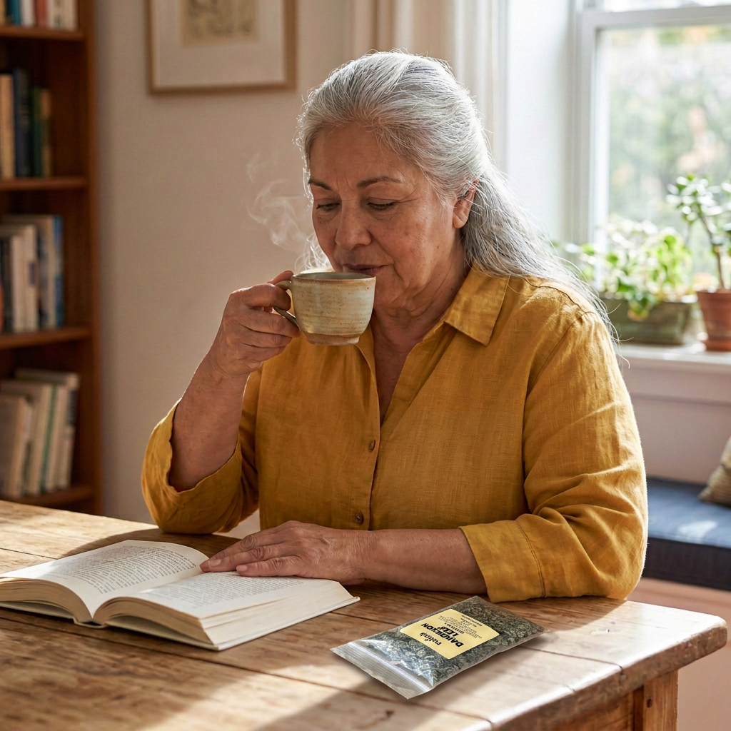 Latina woman enjoying tea with a smaller Dandelion Leaf pouch lying on the desk