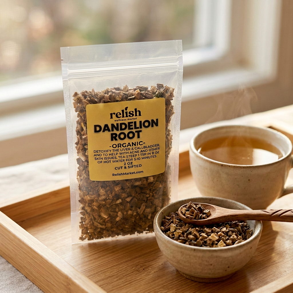 People-free Dandelion Root image with original-style zip packaging