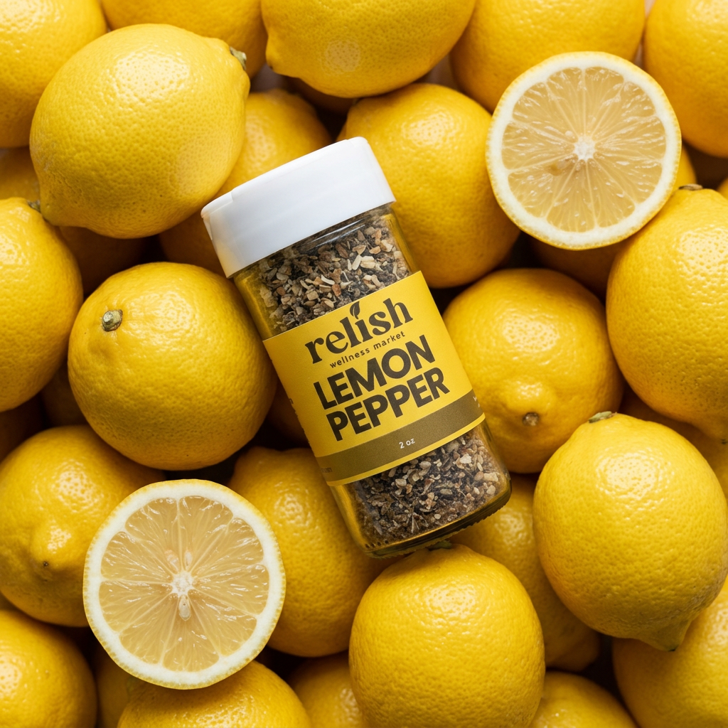 Relish Lemon Pepper seasoning jar tilted on a bed of lemons