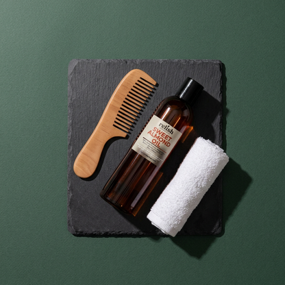 Sweet Almond Oil overhead spa-tray scene without almonds