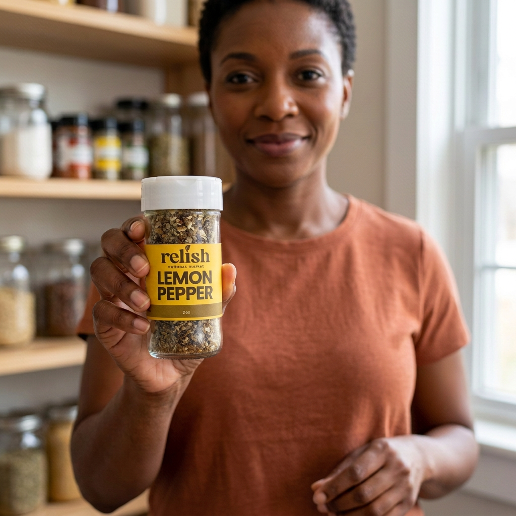 Woman in a terracotta blouse holding Relish Lemon Pepper seasoning